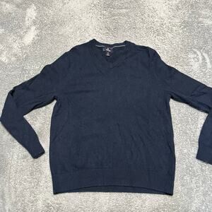 Lands End Sweater Mens Medium Cashmere Navy Blue V Neck